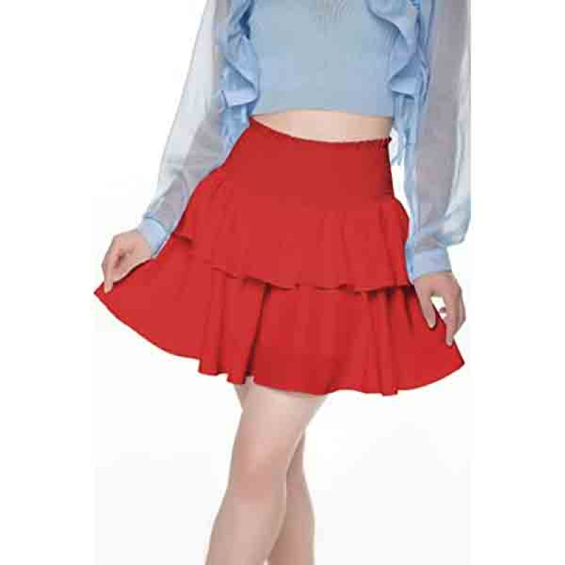Women's High Waist Layered Ruffle Hem Flared Mini Skirt Boho Solid Smocked A Line Flowy Beach Short Skirt